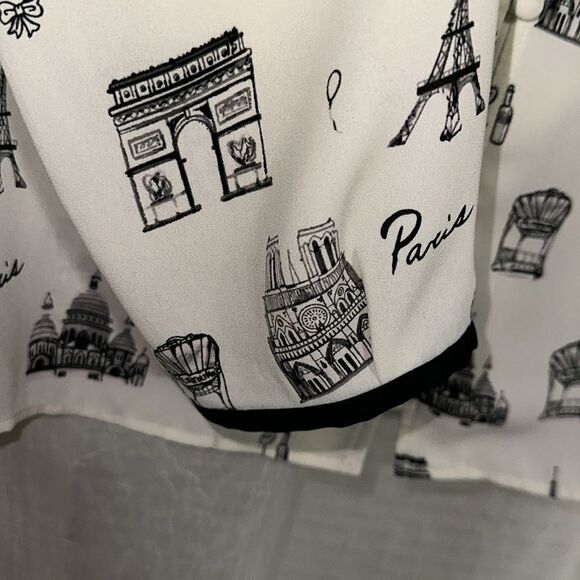 Talbots L Ivory Black Paris Eiffel Tower Print Long Sleeve Button Yoke Blouse - Picture 9 of 13